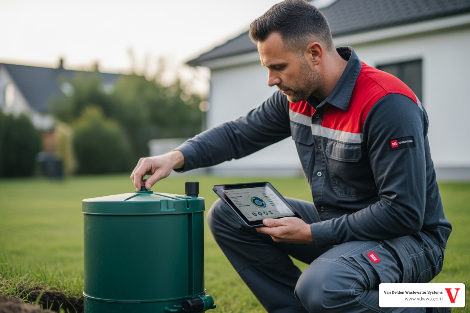 A technician inspecting an aerobic system aerator, with brand colors #fe0103, #ffffff, #000000 - aerobic system repair garden ridge tx