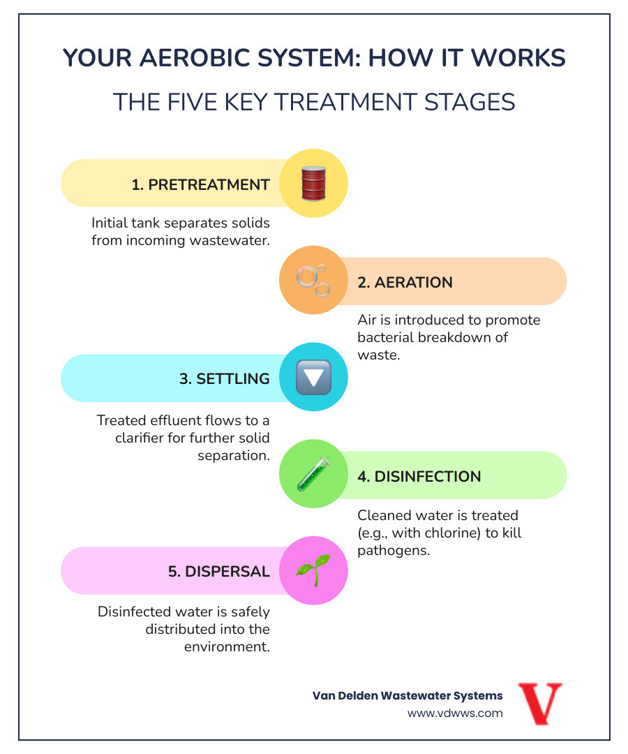 Detailed infographic showing the five-stage aerobic system process with icons for pretreatment tank, aeration chamber, settling compartment, chlorine disinfection unit, and spray distribution system, using brand colors red, white, and black - aerobic system repair garden ridge tx infographic infographic-line-5-steps-colors