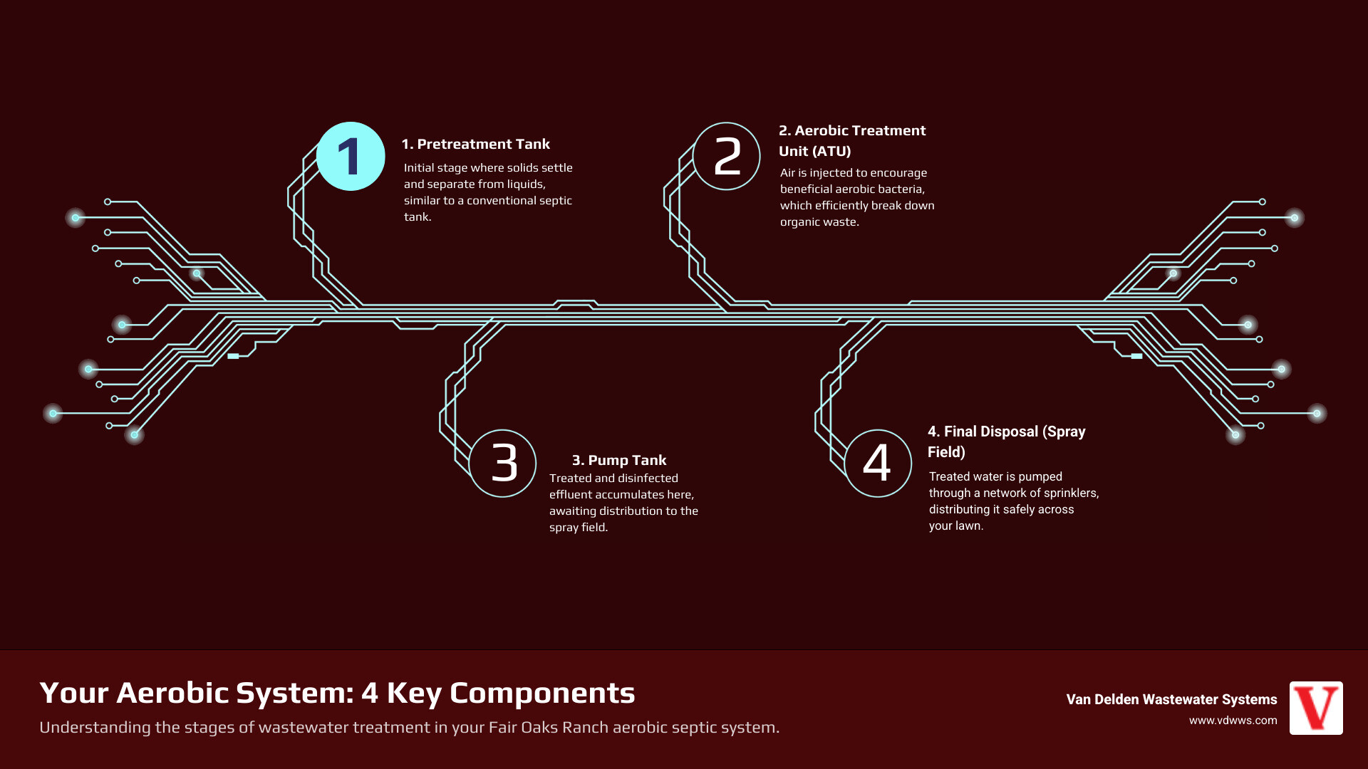 Comprehensive infographic showing the four main components of an aerobic septic system in Fair Oaks Ranch: pretreatment tank where solids settle, aerobic treatment unit with air pump for bacterial treatment, pump tank with distribution pump, and final spray disposal system with multiple sprinkler heads distributing treated effluent across the lawn - aerobic maintenance fair oaks ranch tx infographic infographic-4-steps-tech