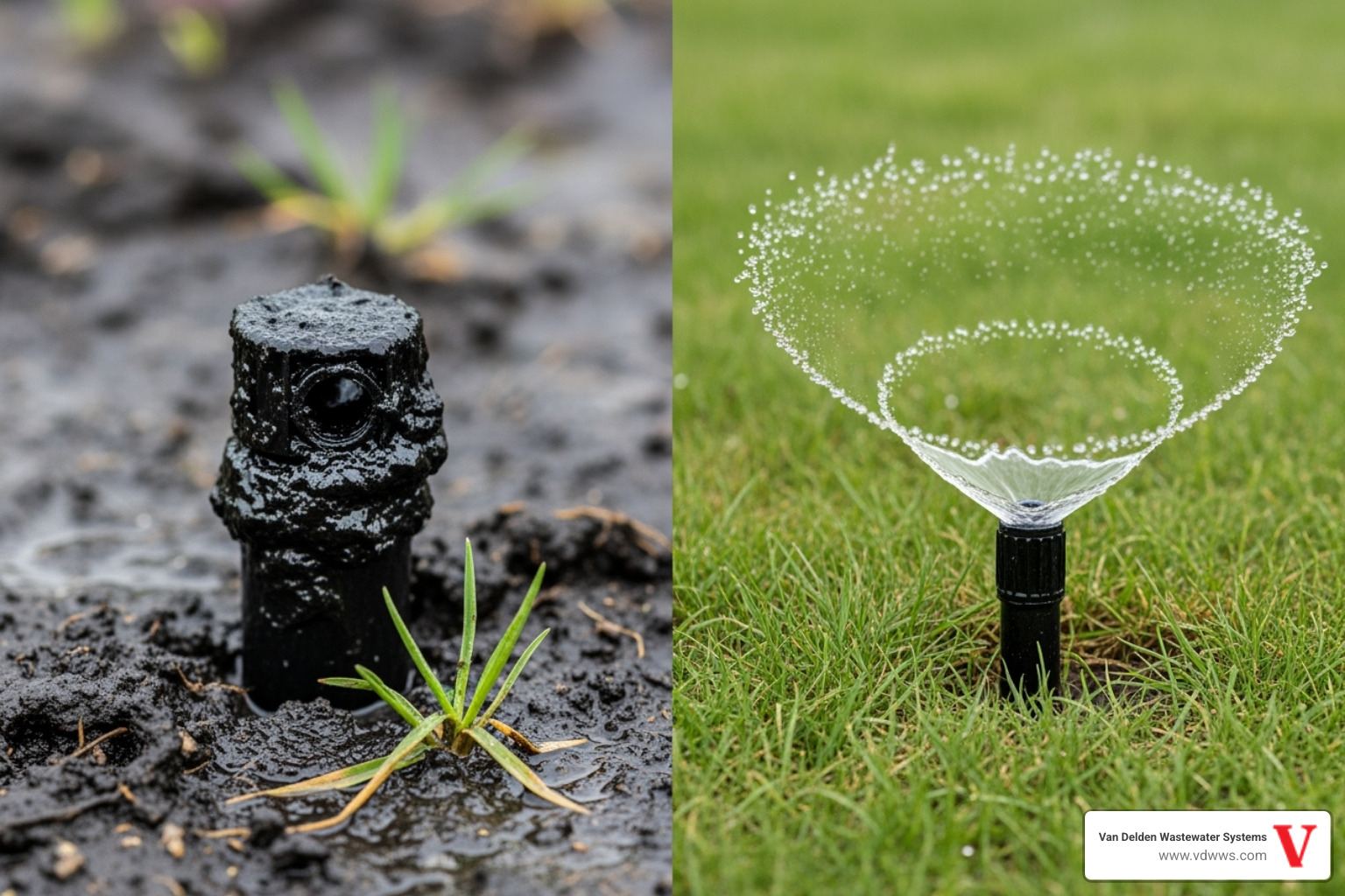 A side-by-side comparison of two aerobic system sprinkler heads. On the left, a clogged, dirty sprinkler head is surrounded by soggy ground, with black gunk visible in the nozzle. On the right, a clean, functioning sprinkler head sprays clear water evenly. - aerobic maintenance fair oaks ranch tx