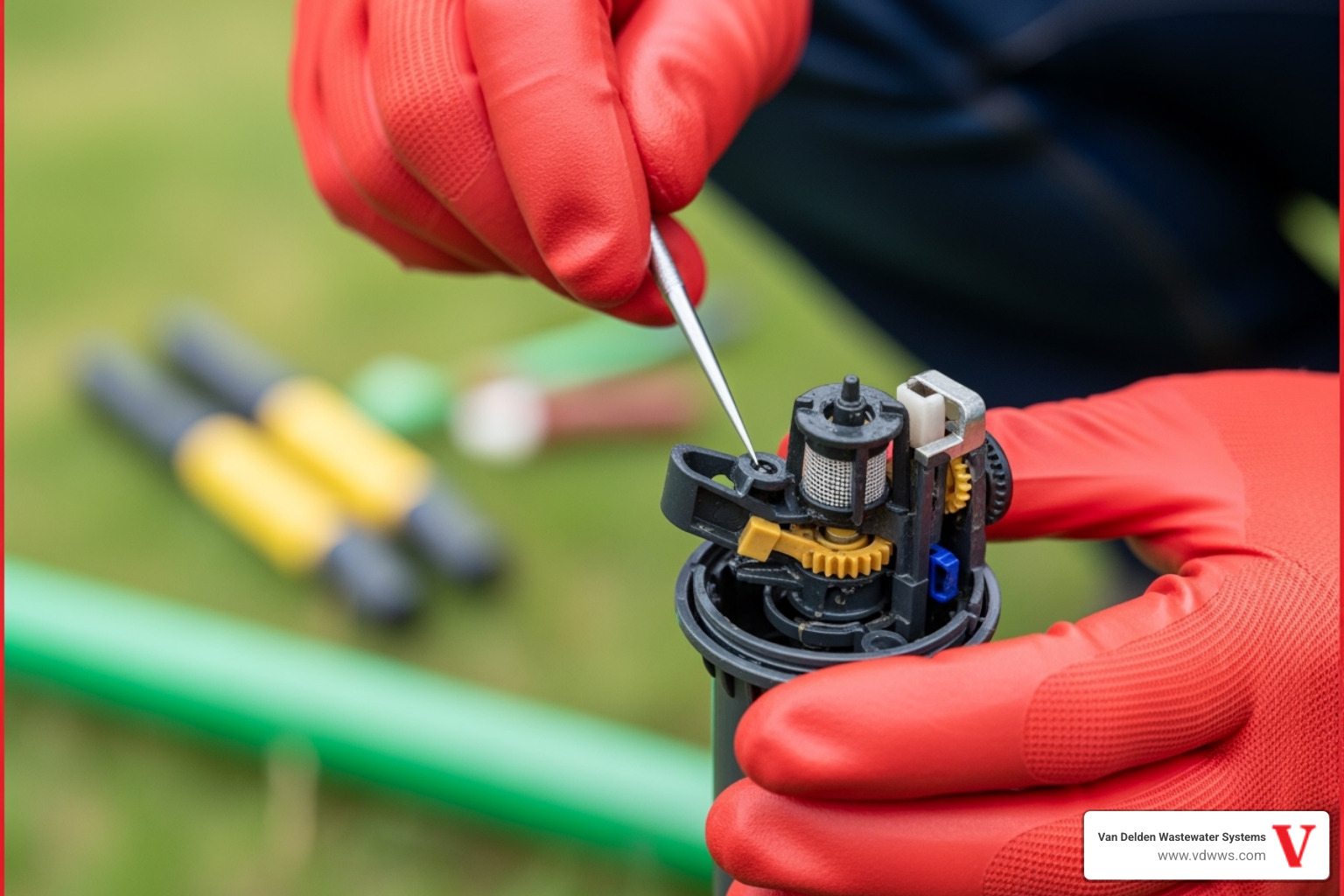 A homeowner wearing red gloves carefully cleaning an aerobic sprinkler nozzle with a small tool. The sprinkler head is partially disassembled, showing the internal components. The image has a thin red (#fe0103) border. - aerobic maintenance fair oaks ranch tx