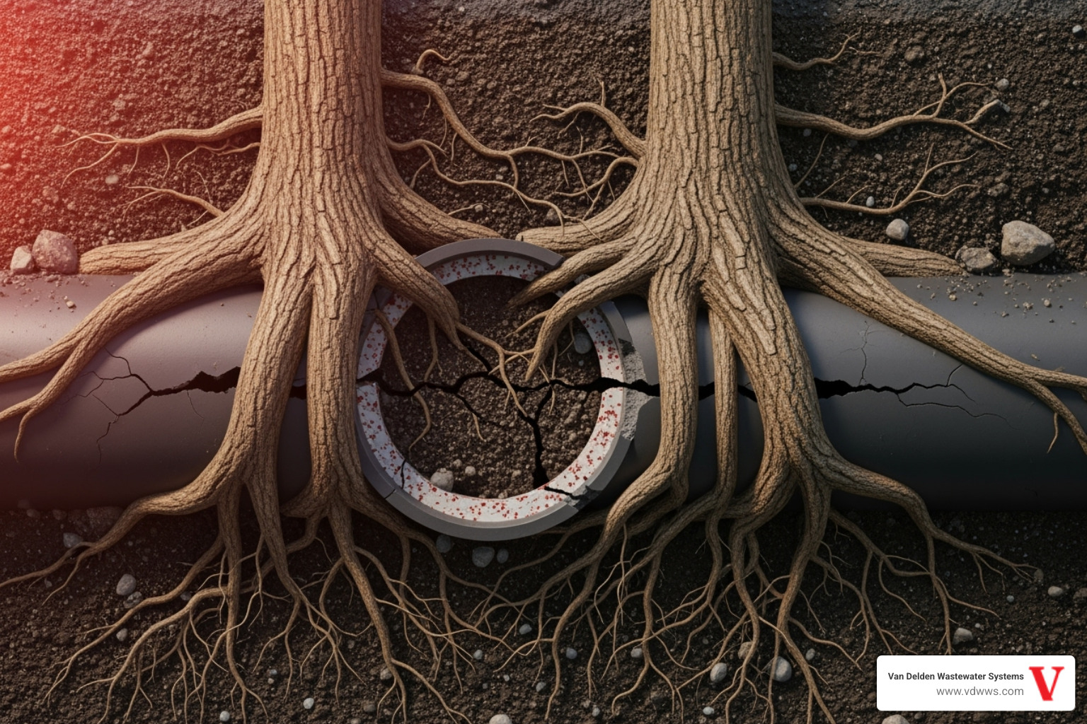 tree roots growing into and damaging a septic pipe with brand colors - septic tank repair san antonio tx