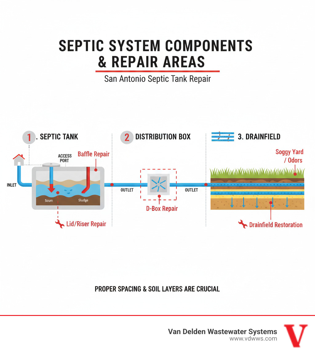 Infographic showing septic system components including septic tank with inlet and outlet baffles, distribution box, and drainfield with proper spacing and soil layers, highlighting common repair areas - septic tank repair san antonio tx infographic 