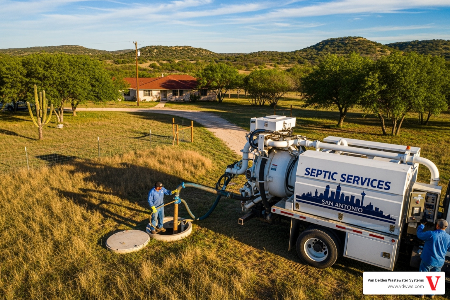 Cross-section diagram of a conventional septic tank showing the layers of scum, effluent, and sludge, and the outlet to the drainfield, using brand colors #fe0103, #ffffff, #000000 - septic maintenance san antonio tx