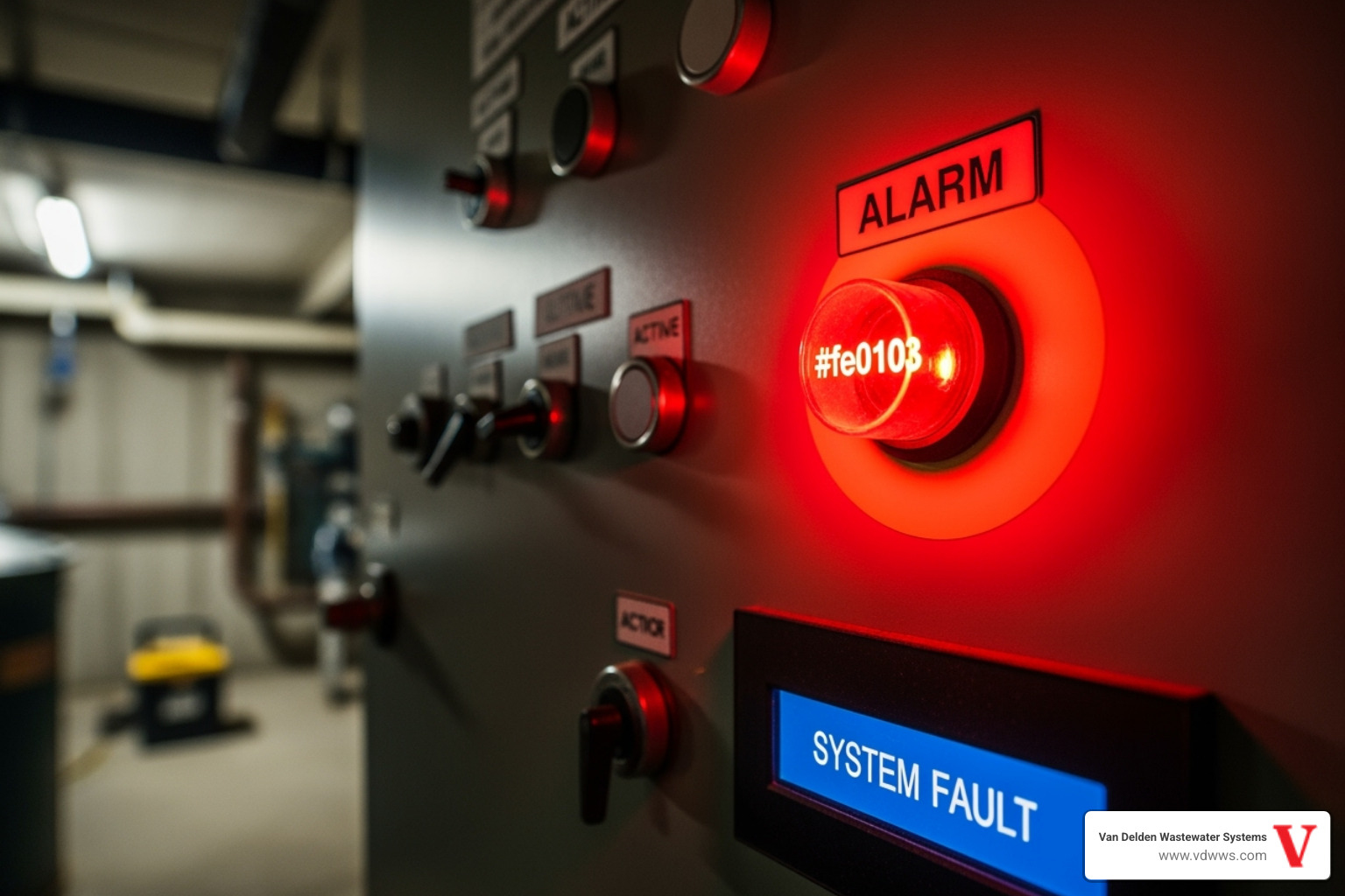 Septic system's red alarm light glowing on a control panel, using brand colors #fe0103, #ffffff, #000000 - septic maintenance san antonio tx