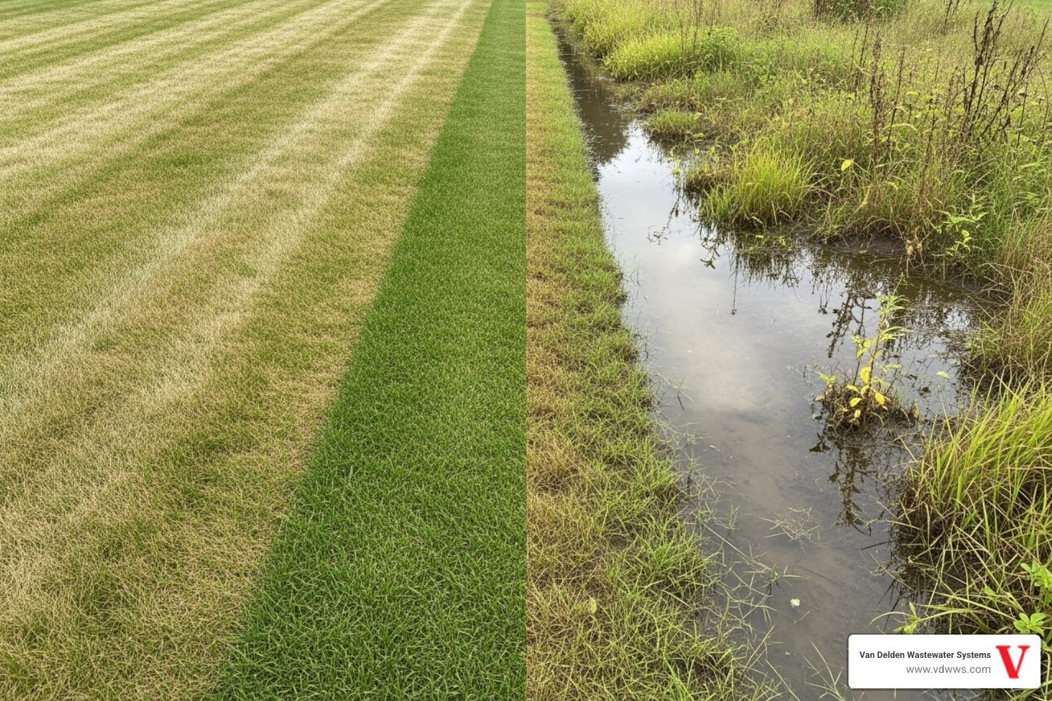 Side-by-side comparison of a healthy, dry drainfield area versus a failed, soggy, and overgrown drainfield, using brand colors #fe0103, #ffffff, #000000 - septic maintenance san antonio tx