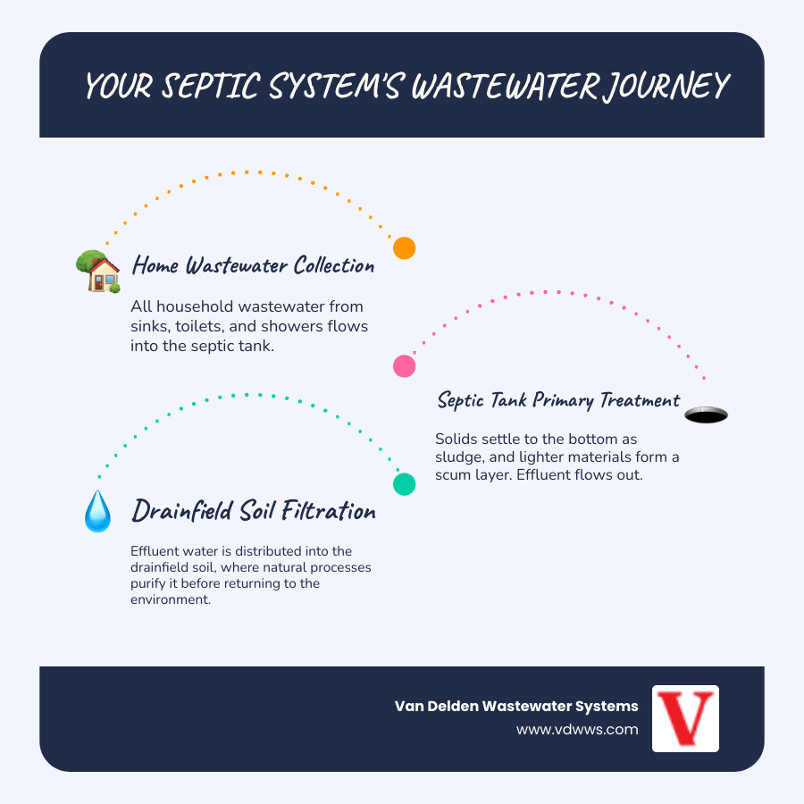 Infographic showing wastewater journey from home through septic tank to drainfield with natural soil treatment process, featuring brand colors #fe0103, #ffffff, #000000 - drainfield cleaning fair oaks ranch tx infographic infographic-line-3-steps-blues-accent_colors