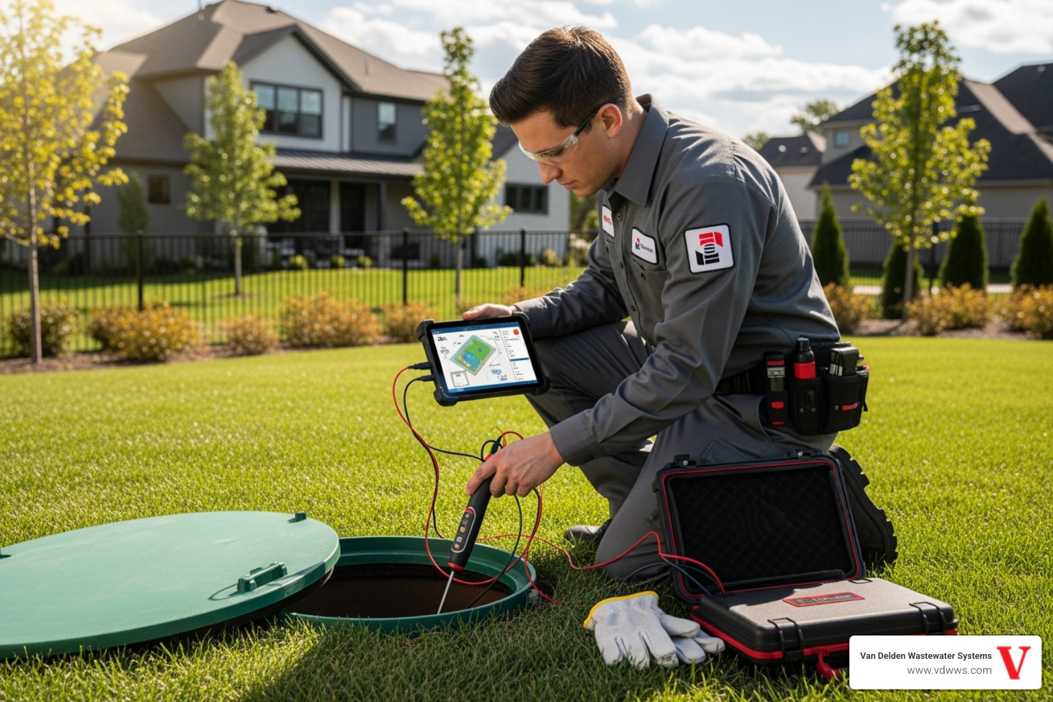 Uniformed, professional technician inspecting a drainfield access point with modern equipment, featuring brand colors #fe0103, #ffffff, #000000 - drainfield cleaning fair oaks ranch tx