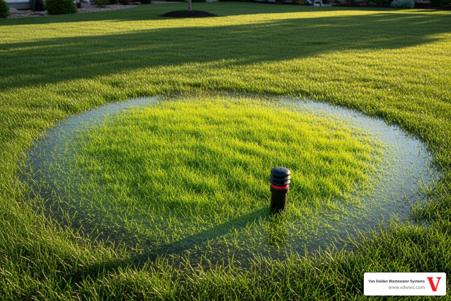 Soggy, overly green patch of grass in a yard, indicating a failing drainfield, with brand colors #fe0103, #ffffff, #000000 - drainfield cleaning fair oaks ranch tx