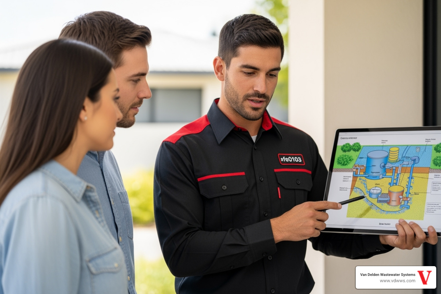 A professional technician in a branded uniform (with #fe0103 and #000000 colors) pointing to a detailed diagram of a septic system, explaining its components and function to a homeowner. - septic tank inspection boerne tx