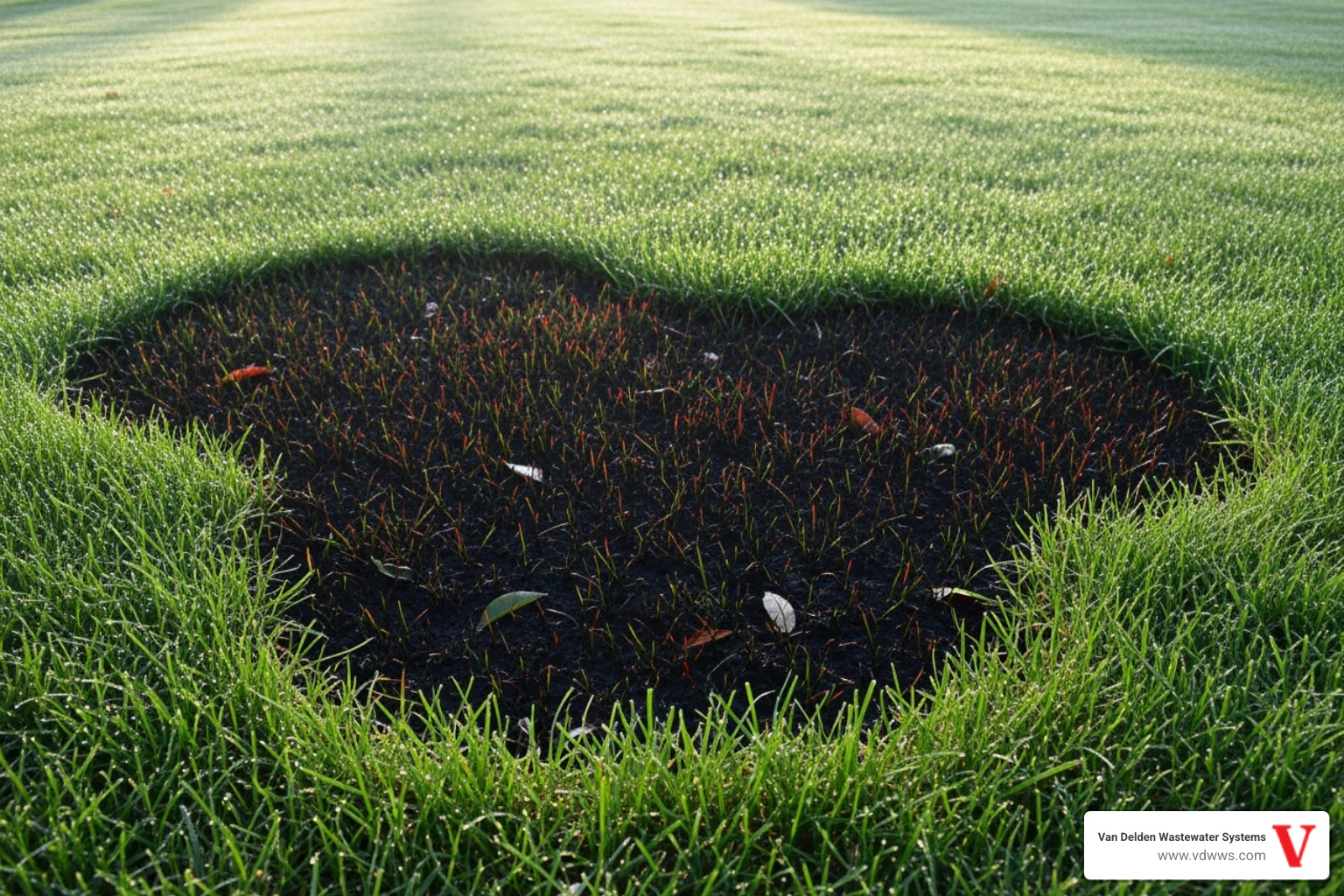 Lush green lawn with a distinctly soggy, darker patch, indicating a potential septic drain field issue. The colors #fe0103, #ffffff, and #000000 are subtly integrated into the image's overall aesthetic. - septic tank inspection boerne tx