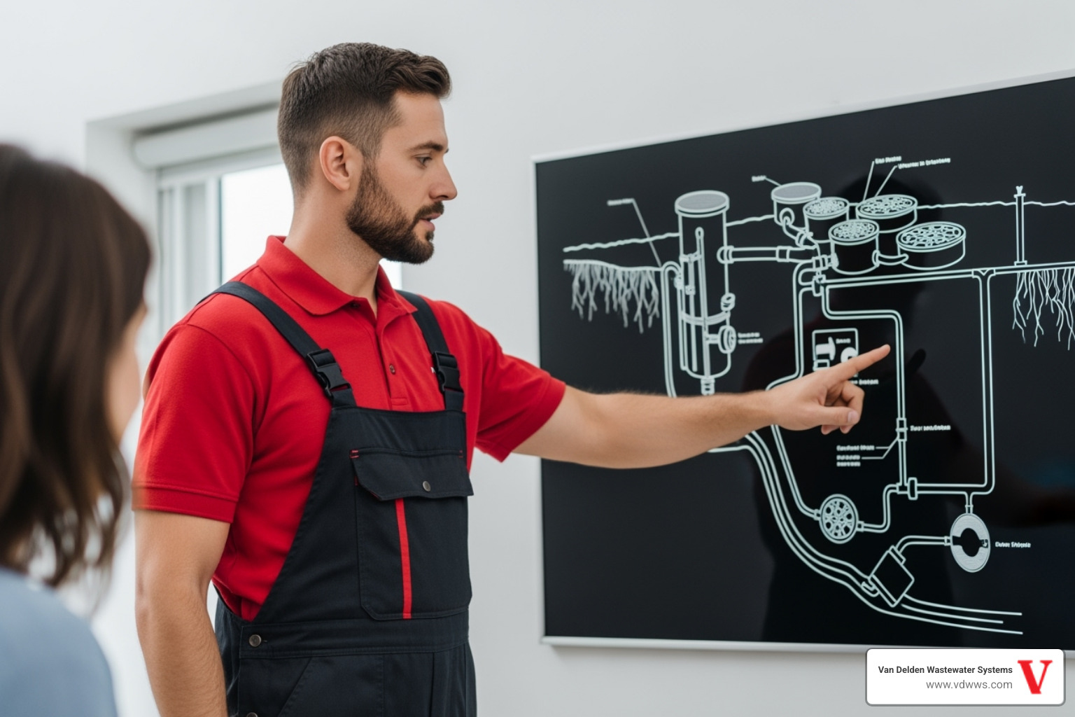 A professional technician in a branded uniform (with #fe0103 and #000000 colors) pointing to a detailed diagram of a septic system, explaining its components and function to a homeowner. The diagram itself uses #ffffff for clarity. - septic tank inspection boerne tx