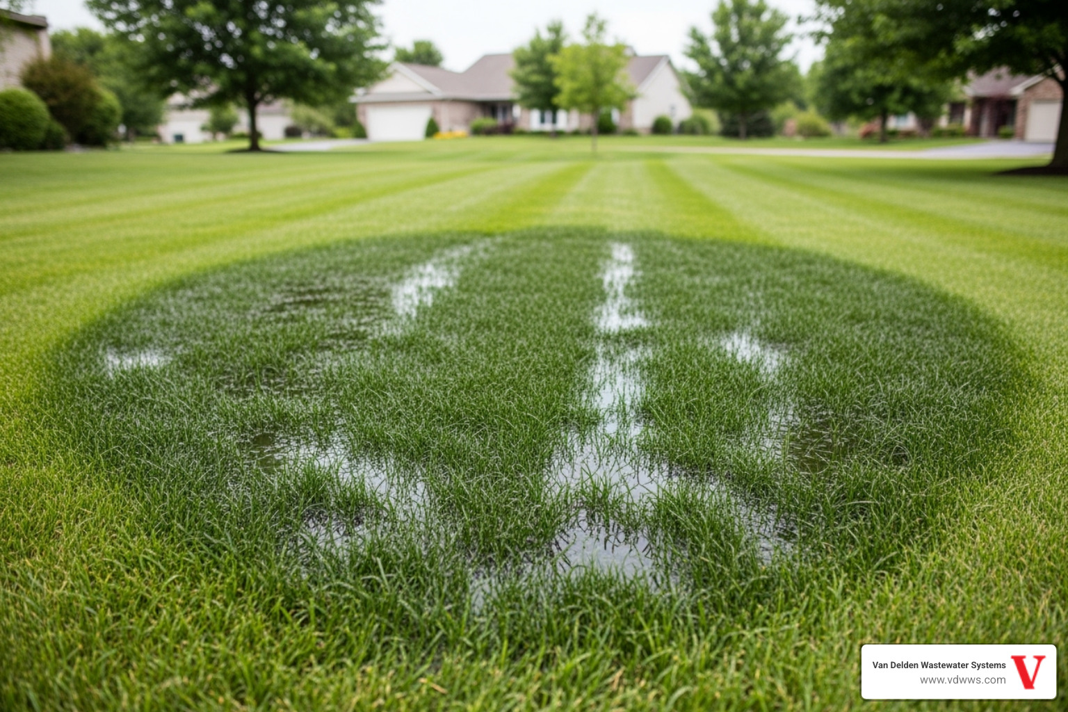 Lush green lawn with a distinctly soggy, darker patch, indicating a potential septic drain field issue. Colors #fe0103, #ffffff, #000000 should be integrated into the image, perhaps in a subtle border or text. - septic tank inspection boerne tx