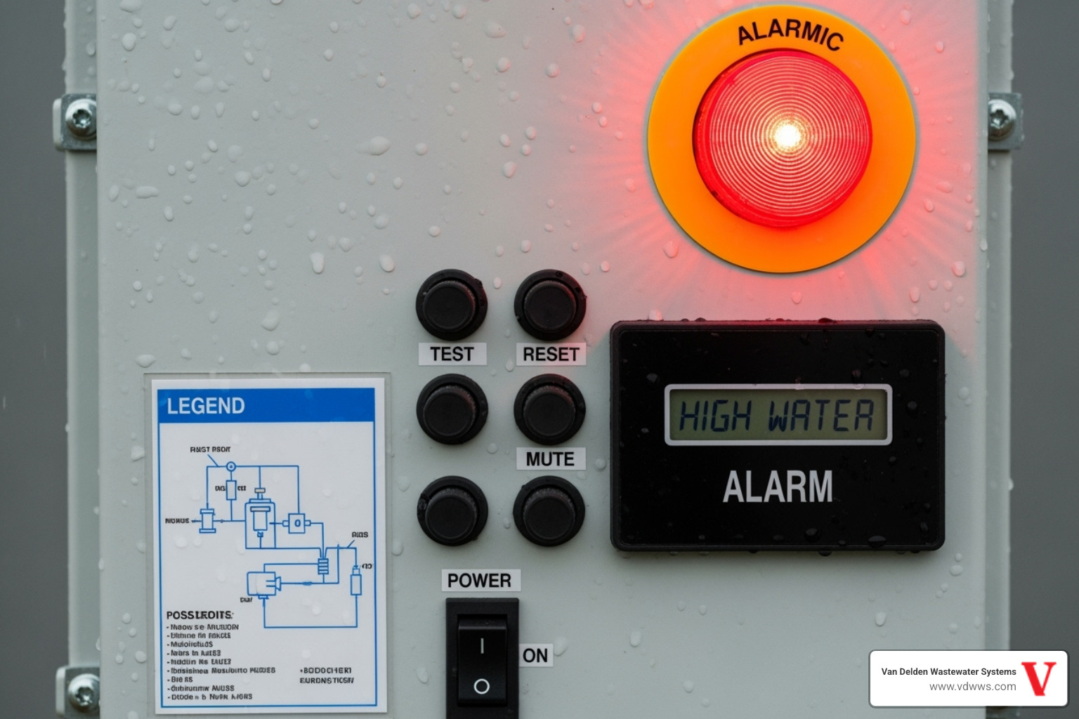 An aerobic system control panel with a red alarm light illuminated, highlighting the urgent need for attention, using brand colors #fe0103, #ffffff, #000000 - aerobic system repair san antonio tx