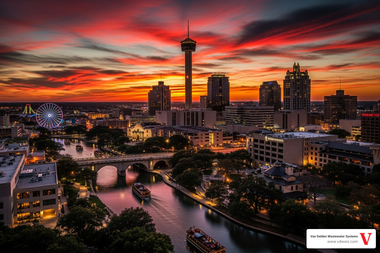 San Antonio skyline at sunset, showcasing the vibrant city we serve, using brand colors #fe0103, #ffffff, #000000 - aerobic system repair san antonio tx