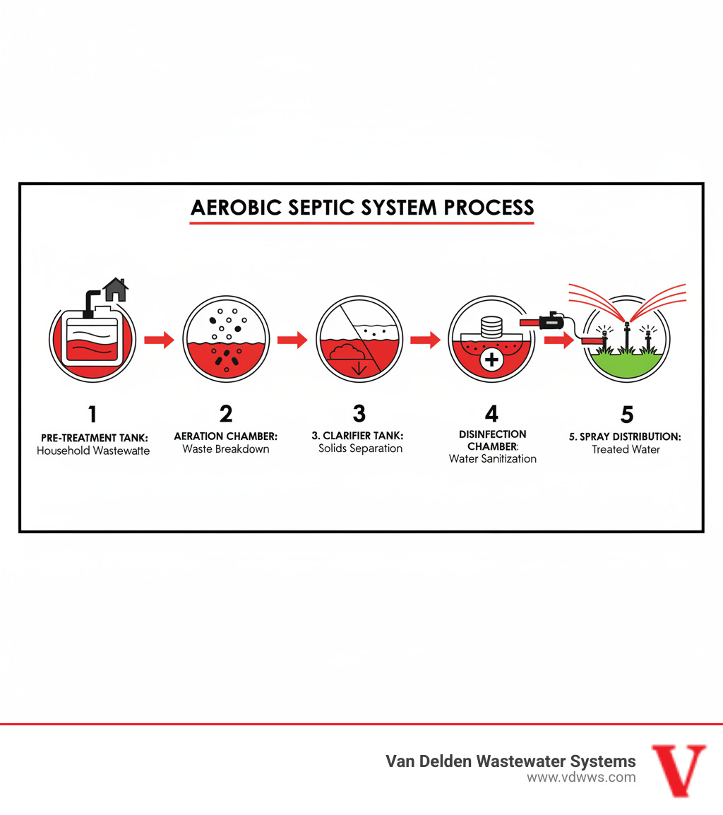 Detailed infographic showing the five-stage aerobic septic system process: Stage 1 - Pre-treatment tank receiving household wastewater, Stage 2 - Aeration chamber with air bubbles and aerobic bacteria breaking down waste, Stage 3 - Clarifier settling tank separating treated water from solids, Stage 4 - Disinfection chamber with chlorine tablets sanitizing effluent, Stage 5 - Spray distribution system dispersing treated water across lawn area, with brand colors #fe0103, #ffffff, #000000 highlighting key components - aerobic system troubleshooting garden ridge tx infographic 