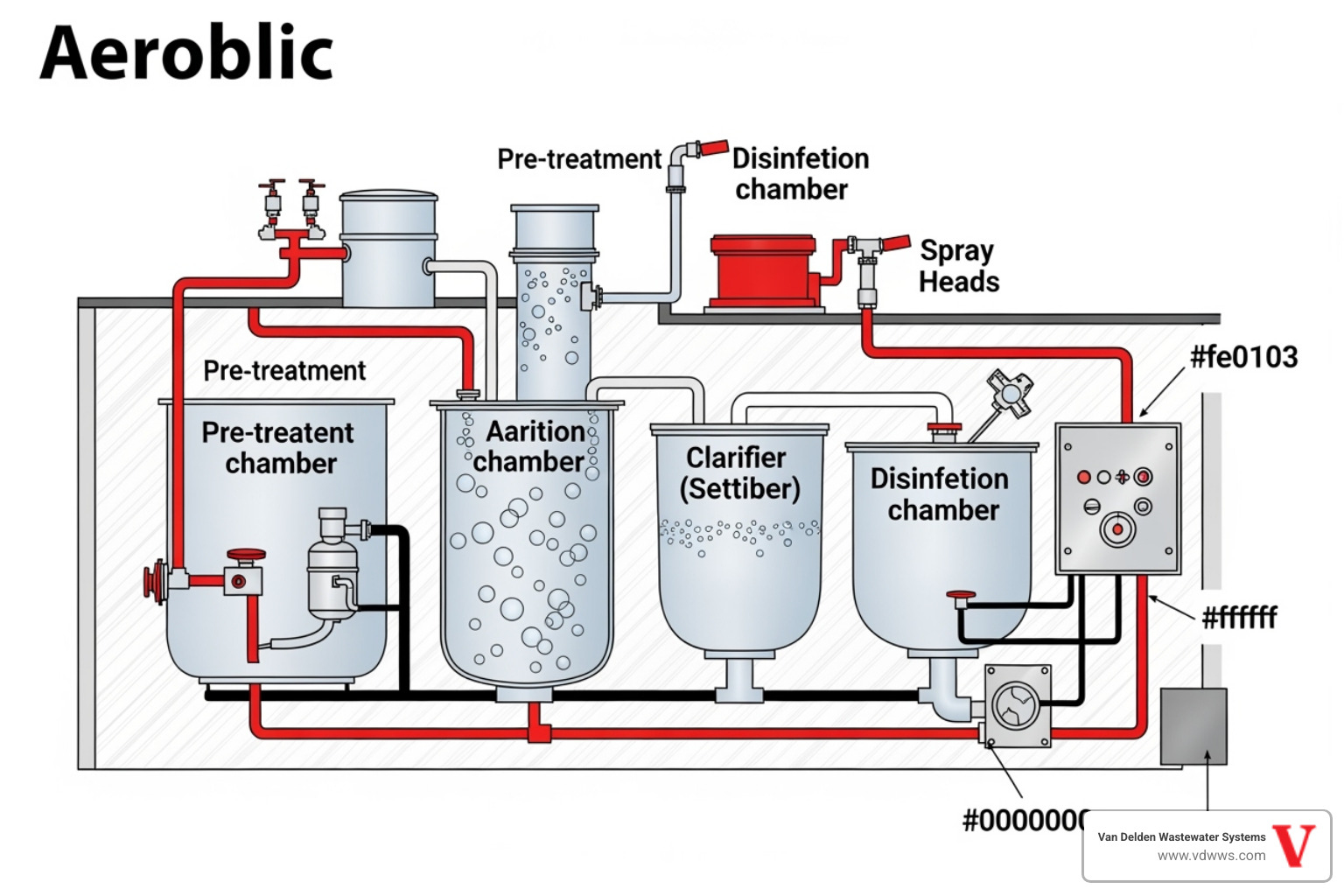 Labeled diagram of an aerobic septic system with brand colors #fe0103, #ffffff, #000000, pointing out the main components including the pre-treatment tank, aeration chamber, clarifier, disinfection chamber, effluent pump, control panel, and spray heads - aerobic system troubleshooting garden ridge tx