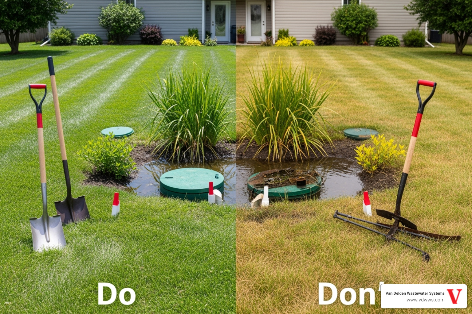 A "Do's and Don'ts" checklist for septic care with brand colors #fe0103, #ffffff, #000000, illustrating key maintenance practices for homeowners - aerobic system troubleshooting garden ridge tx