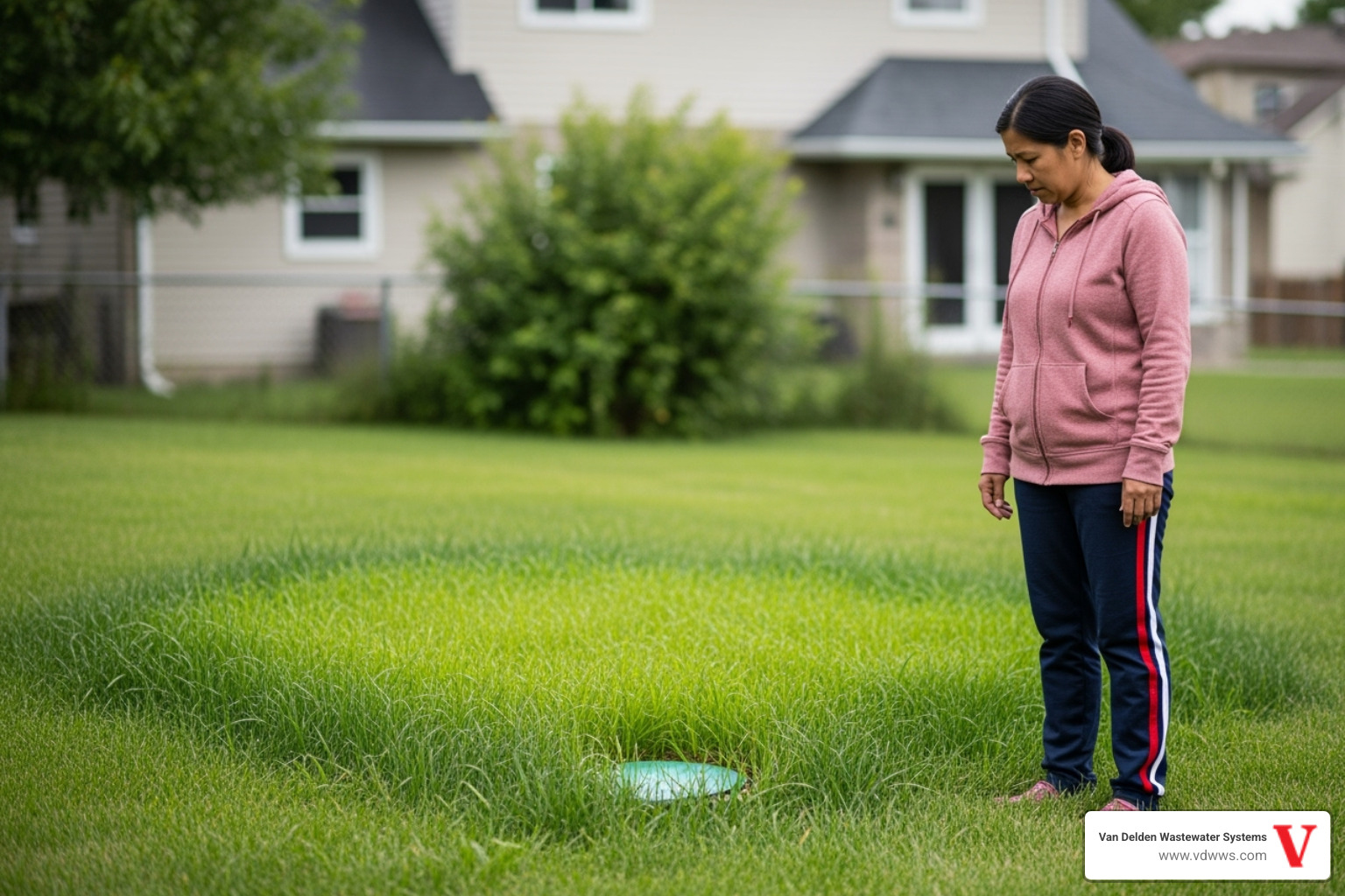 A homeowner looking concerned at a patch of unusually green, wet grass near their septic drainfield area. - failed baffle replacement shavano park tx