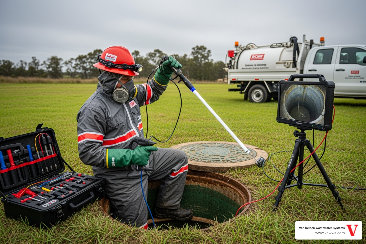 A uniformed technician safely inspecting the inside of a septic tank with professional equipment, wearing protective gear, with subtle red, white, and black accents - failed baffle replacement shavano park tx