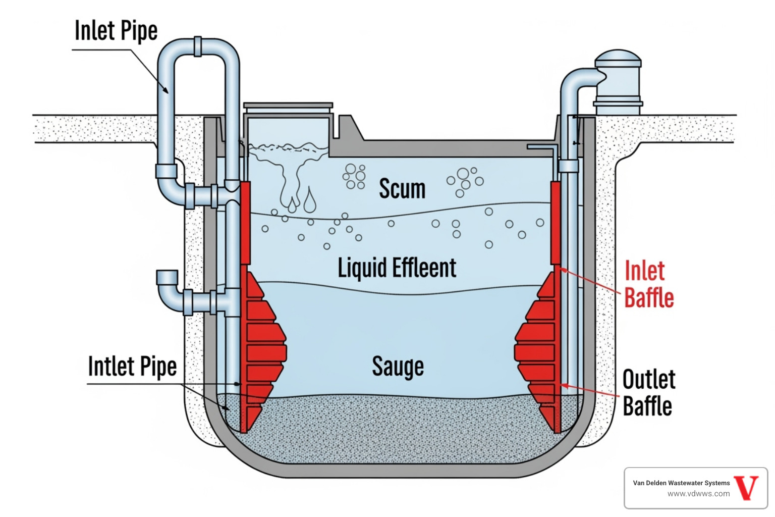 A clear diagram showing a cross-section of a septic tank, with the inlet baffle, outlet baffle, scum layer, and sludge layer clearly labeled, highlighted in red - failed baffle replacement shavano park tx