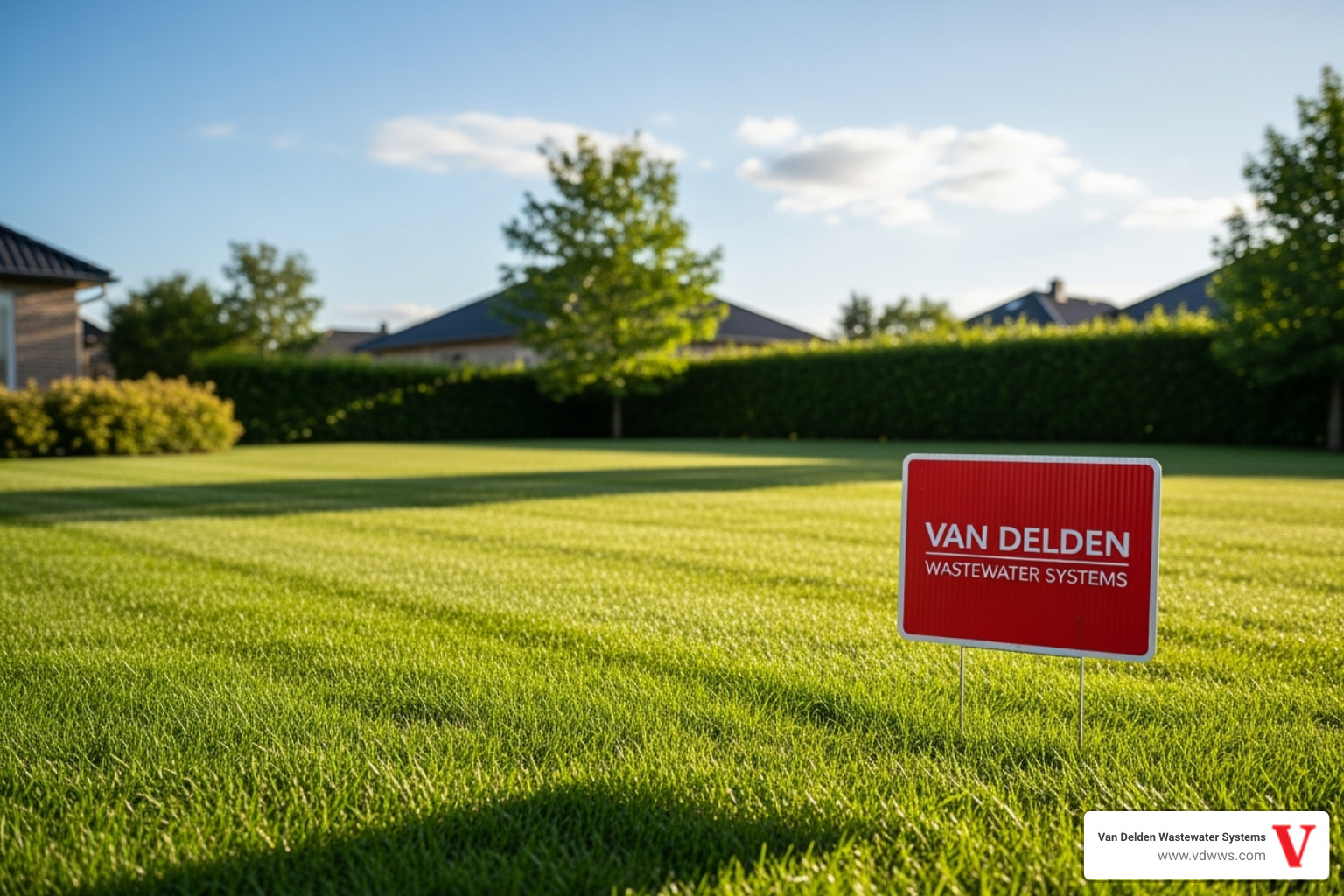 A healthy green lawn over a well-maintained drainfield in Helotes, TX, with a small red (#fe0103) Van Delden Wastewater Systems sign subtly placed, conveying peace of mind and environmental health - drainfield cleaning helotes tx