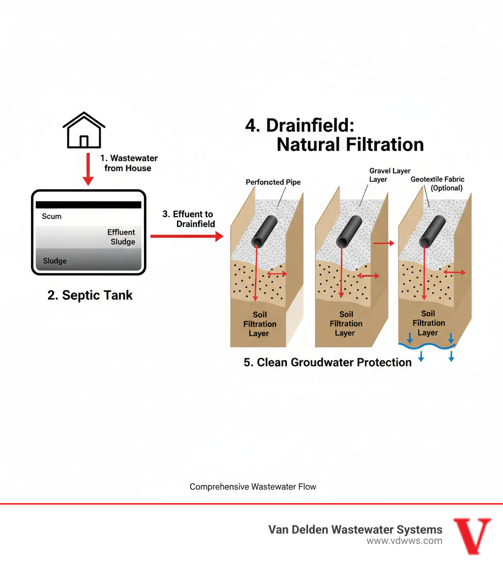Comprehensive infographic showing wastewater flow from house through septic tank to drainfield, with detailed cross-section of drainfield trenches showing perforated pipes, gravel layers, soil filtration, and final groundwater protection, using company brand colors red (#fe0103), white (#ffffff), and black (#000000) - drainfield cleaning helotes tx infographic 
