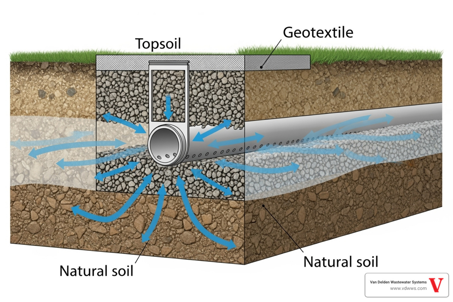 cross-section of a drainfield trench showing perforated pipes, gravel, and soil layers with arrows indicating water dispersal - drainfield cleaning helotes tx