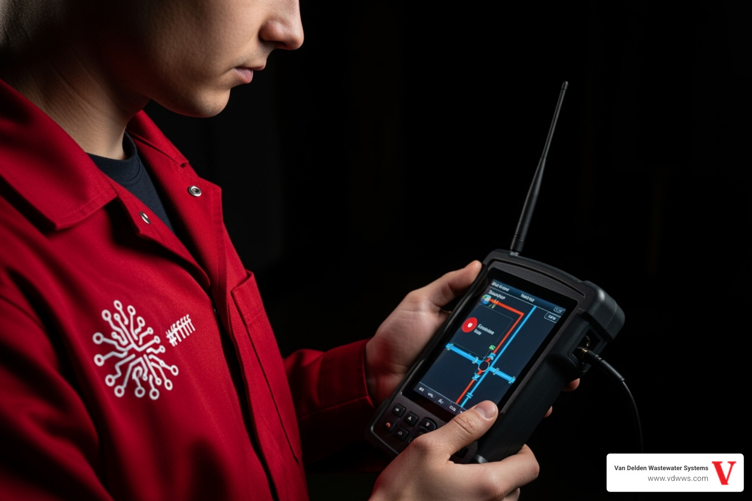 A technician wearing a red #fe0103 uniform with a white #ffffff logo, using a signal receiver to track a flushable transmitter, with a black #000000 background - locate buried septic tank bulverde tx A technician wearing a red #fe0103 uniform with a white #ffffff logo, using a signal receiver to track a flushable transmitter, with a black #000000 background - locate buried septic tank bulverde tx