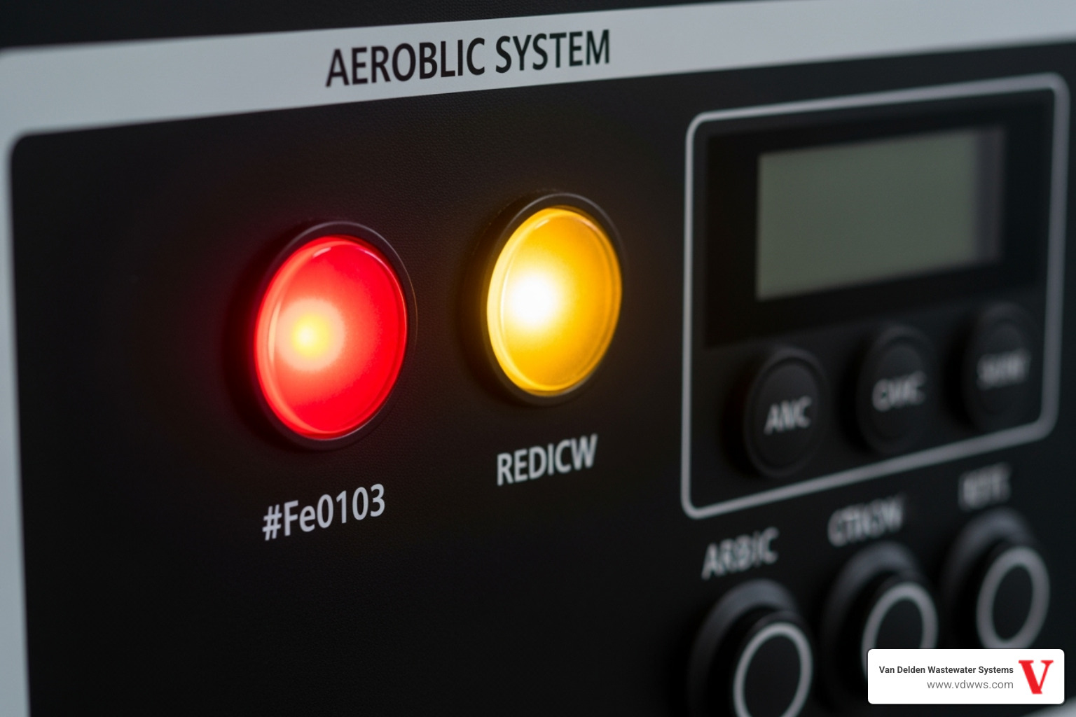 A close-up of an aerobic system control panel with two labeled indicator lights: one glowing red for "High Water" and one glowing amber for "Aerator/Compressor" failure. The red light has a distinct #fe0103 hue. - aerobic system alarm activation shavano park tx