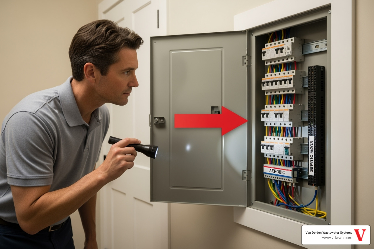 A homeowner safely looking at their home's circuit breaker panel, with a red (#fe0103) arrow pointing to the breaker labeled "Septic" or "Aerobic." The panel is clean and well-lit, emphasizing safety. - aerobic system alarm activation shavano park tx