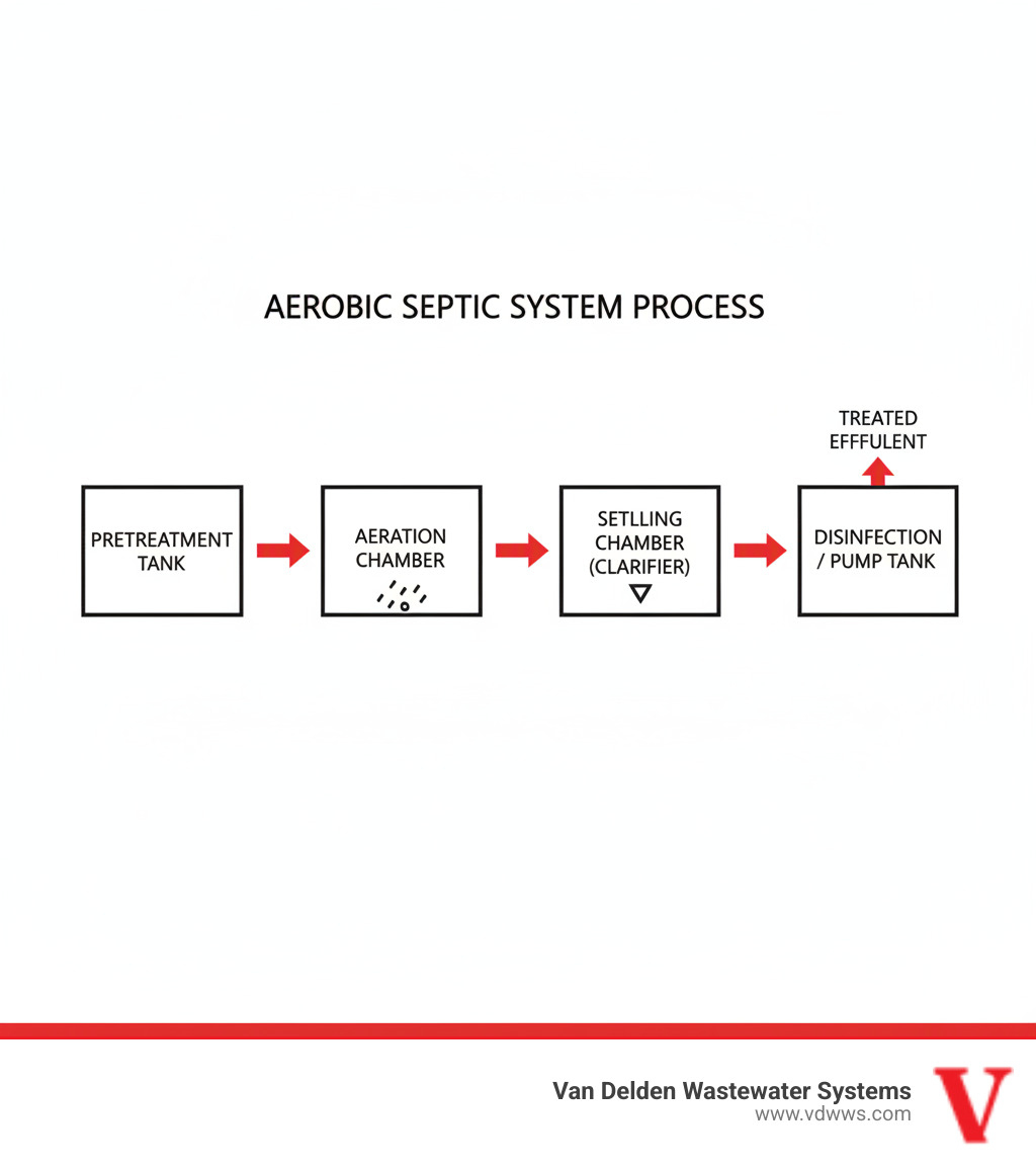 Infographic explaining the basic components and process of an aerobic septic system: pretreatment tank, aeration chamber, settling chamber (clarifier), and disinfection/pump tank. The components are clearly labeled with a clean white background, black text, and subtle red (#fe0103) accents on the arrows indicating flow. - aerobic system alarm activation shavano park tx infographic 