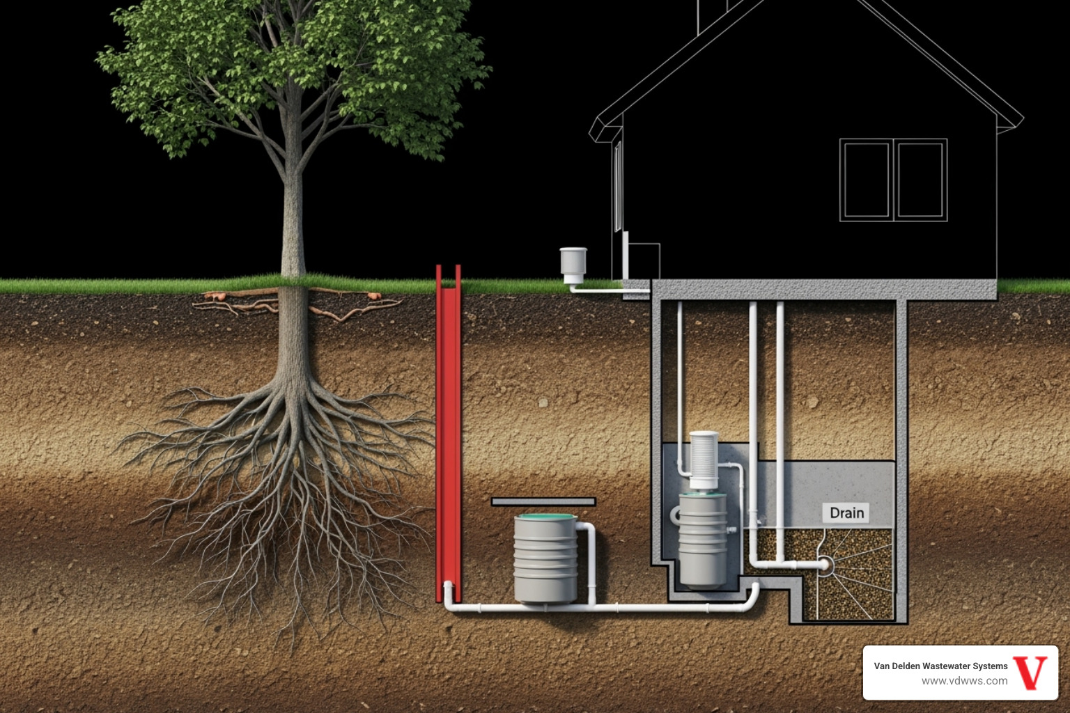 A diagram showing a tree on the left, a house on the right, and a red barrier installed vertically underground between the tree's roots and the white septic system lines leading to the house, all against a black background. - root intrusion repair fair oaks ranch tx