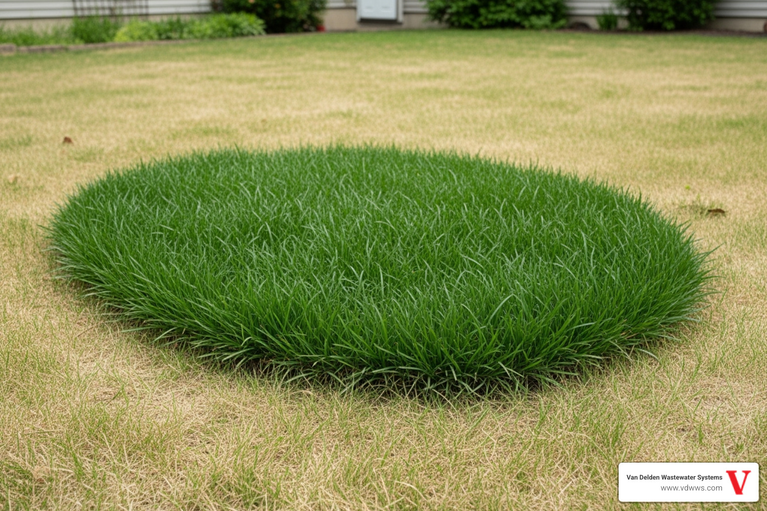 A vibrant, suspiciously lush, green patch of grass in a yard, contrasting sharply with the drier surrounding lawn, indicating a leak in an underground septic drainfield or sewer line. The green patch is outlined in red, with a white arrow pointing to it. - root intrusion repair fair oaks ranch tx