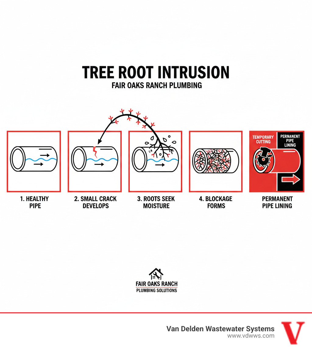 Detailed infographic showing the step-by-step process of tree root intrusion: starting with a healthy sewer pipe, then a small crack developing, roots detecting moisture and entering the crack, roots growing inside the pipe and creating blockages, and finally showing both temporary root cutting solutions and permanent pipe lining repairs using company brand colors red, white, and black - root intrusion repair fair oaks ranch tx infographic 