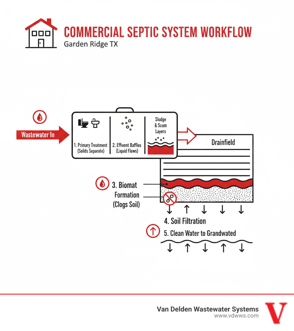 Detailed infographic showing commercial septic system workflow from business building through septic tank to drainfield, highlighting wastewater treatment stages, biomat formation, and soil filtration process with brand colors red, white, and black - commercial drainfield cleaning garden ridge tx infographic 