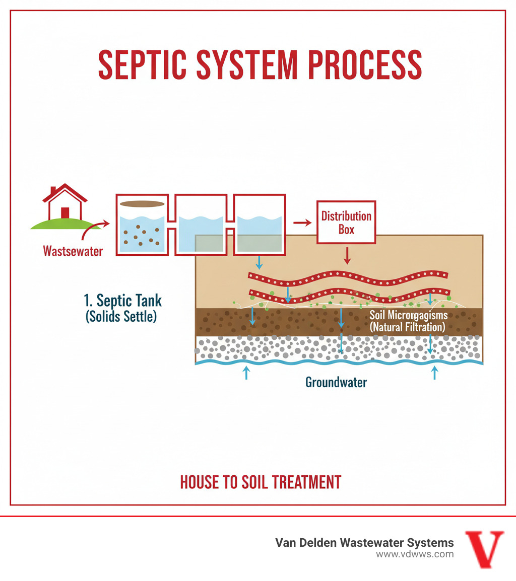 Infographic showing the complete septic system process from house to soil treatment, including septic tank with three chambers, distribution box, and drainfield with perforated pipes in gravel beds, demonstrating how wastewater flows through each stage and gets naturally filtered by soil microorganisms before reaching groundwater - soil percolation test spring branch tx infographic 