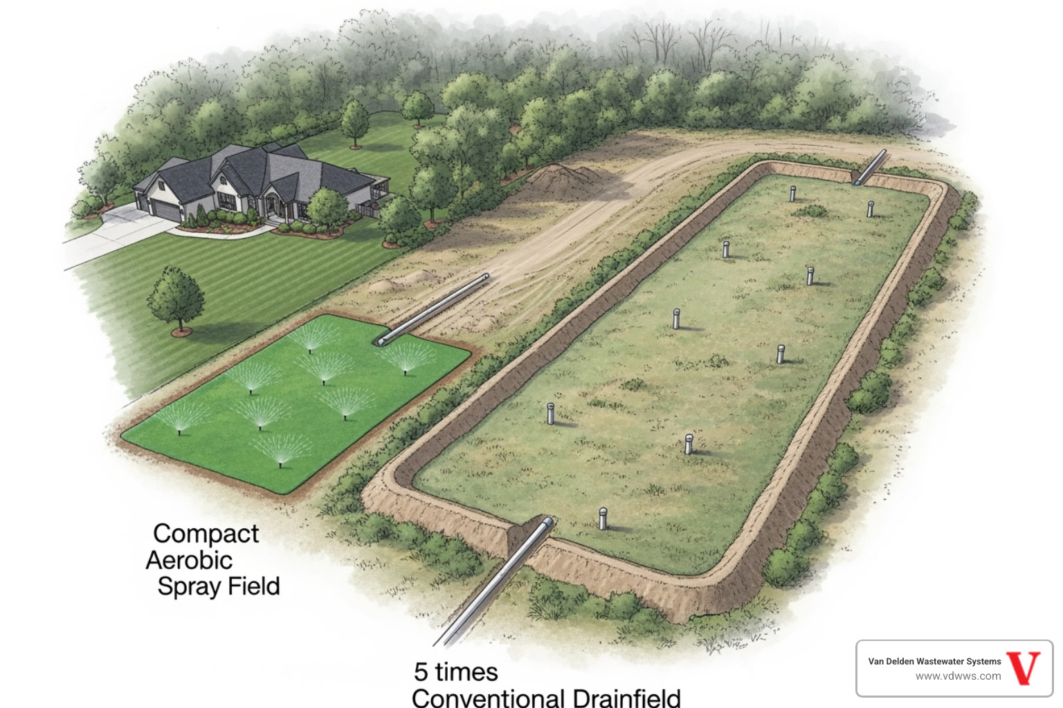 side-by-side diagram showing a compact aerobic spray field next to a large conventional drainfield, with red lines highlighting the smaller footprint of the aerobic system - install aerobic septic unit san antonio tx