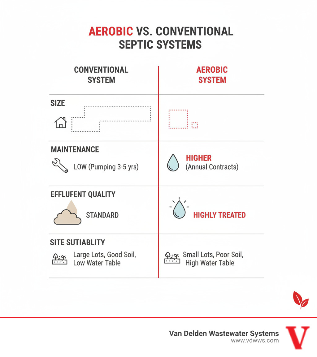 Table comparing Conventional vs. Aerobic Septic Systems on key features like size, maintenance, effluent quality, and site suitability, with red accents on the "Aerobic" column - install aerobic septic unit san antonio tx infographic 