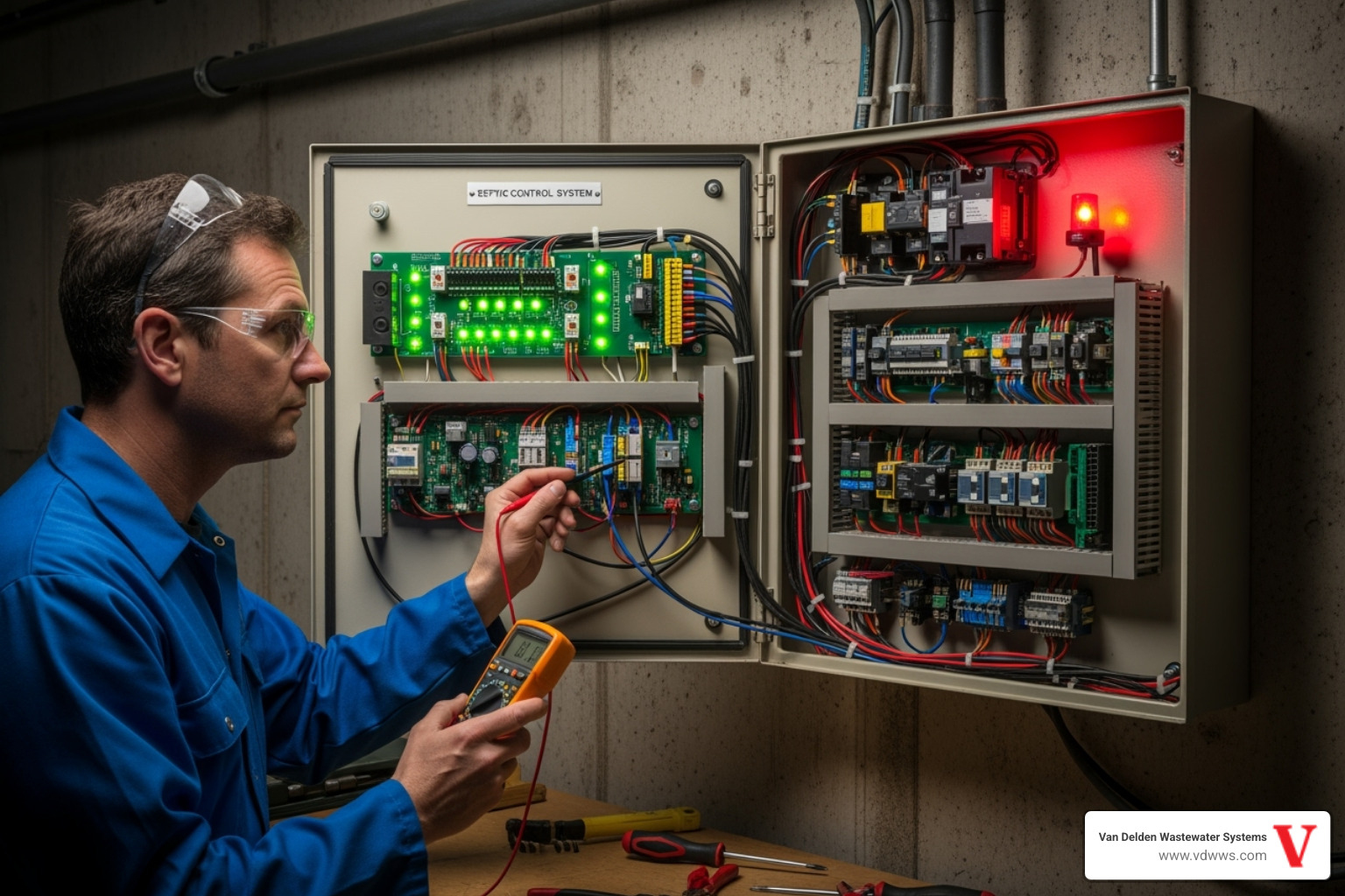 A technician inspecting a septic system control panel, with the panel showing green indicator lights, and a red light in the corner to reflect brand colors - install aerobic septic unit san antonio tx
