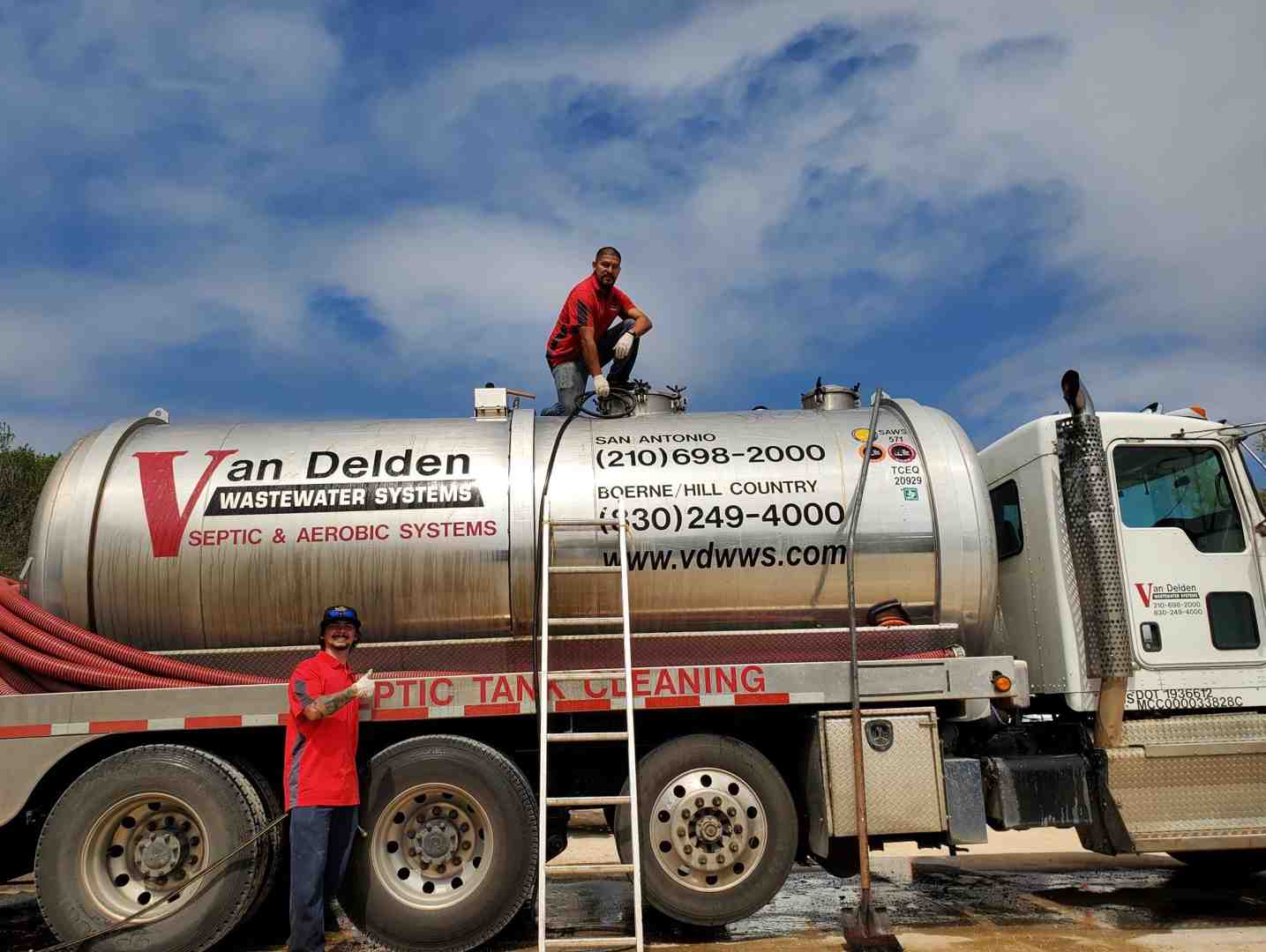 professional septic service truck and technician in Garden Ridge TX with brand colors #fe0103, #ffffff, #000000 - weekly/regular tank cleaning garden ridge tx