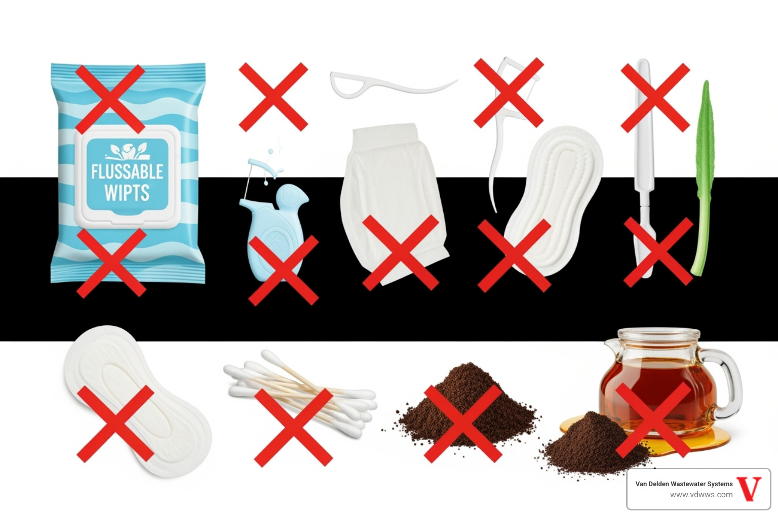 items not to flush down a septic system with a red X - weekly/regular tank cleaning garden ridge tx