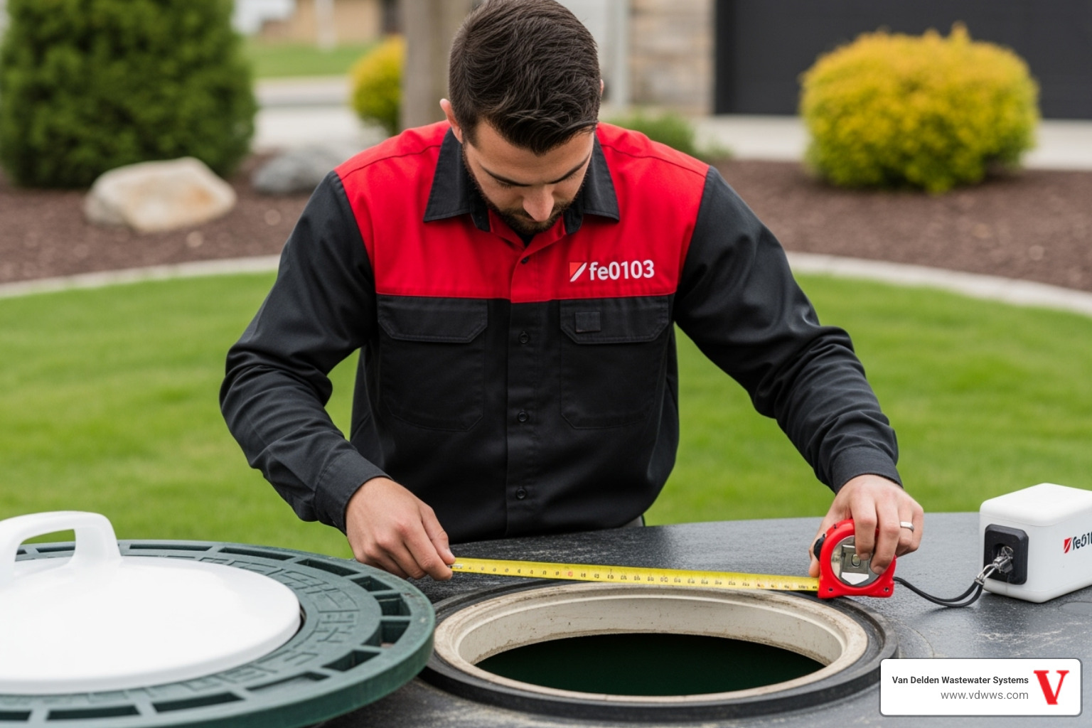 Van Delden technician measuring septic tank opening - septic lid replacement garden ridge tx