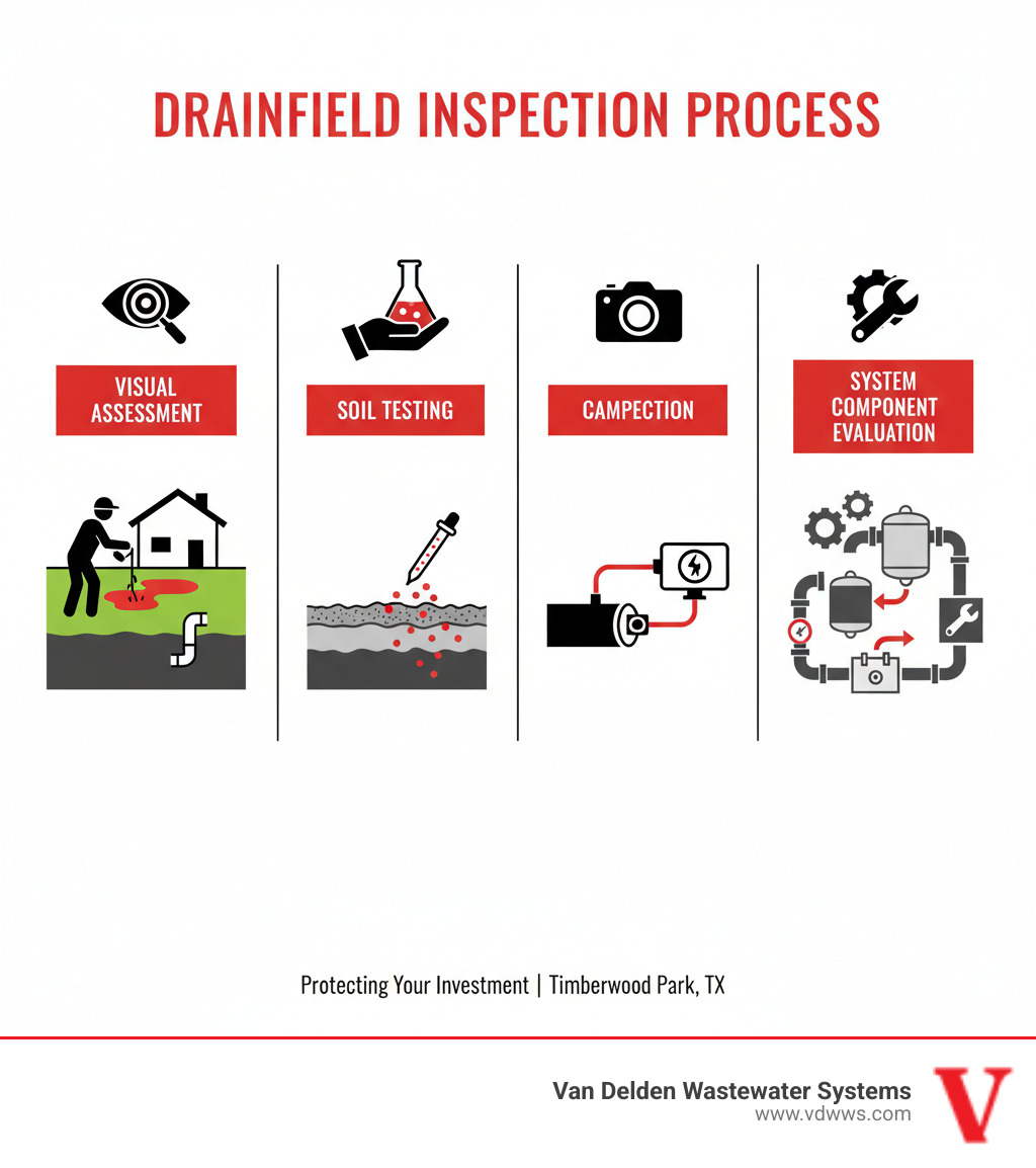 Comprehensive drainfield inspection process showing visual assessment, soil testing, camera inspection, and system component evaluation with red, white, and black color scheme - drainfield inspection timberwood park tx infographic 