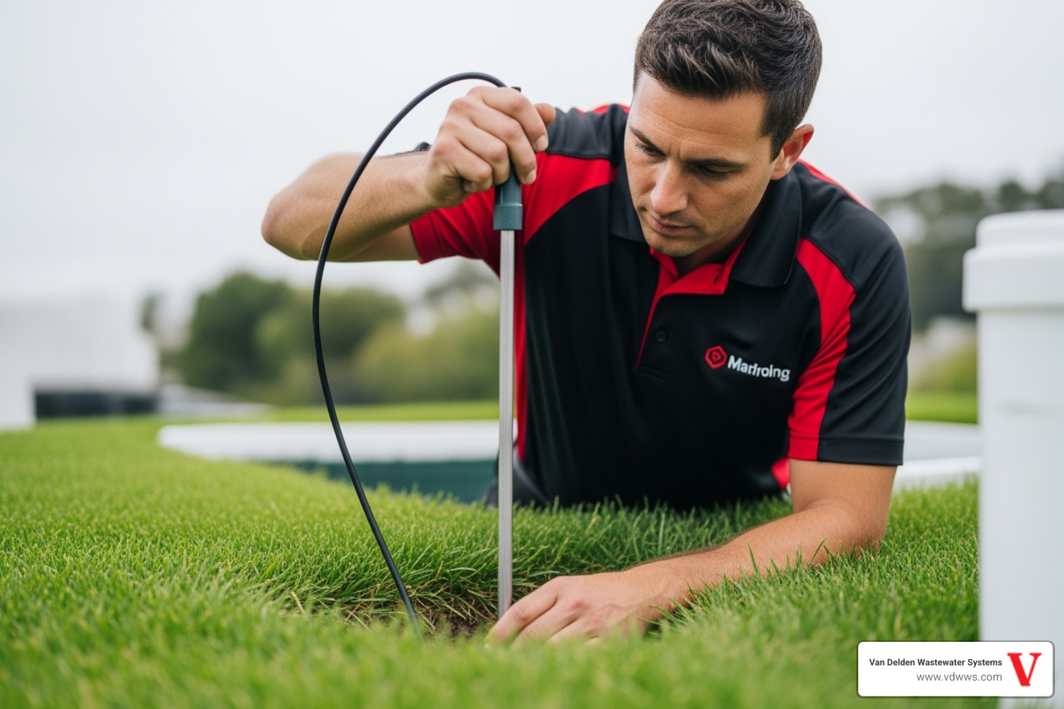 Technician using a soil probe near a drainfield area during an inspection with red, white, and black color scheme - drainfield inspection timberwood park tx