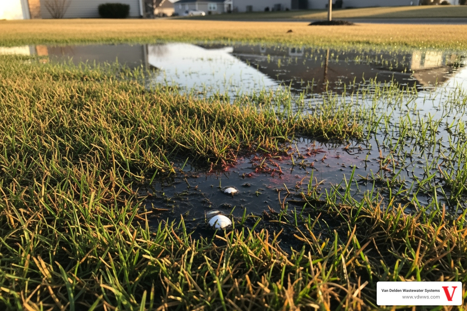 Soggy patch of grass in a yard, indicating a drainfield problem with red, white, and black color scheme - drainfield inspection timberwood park tx