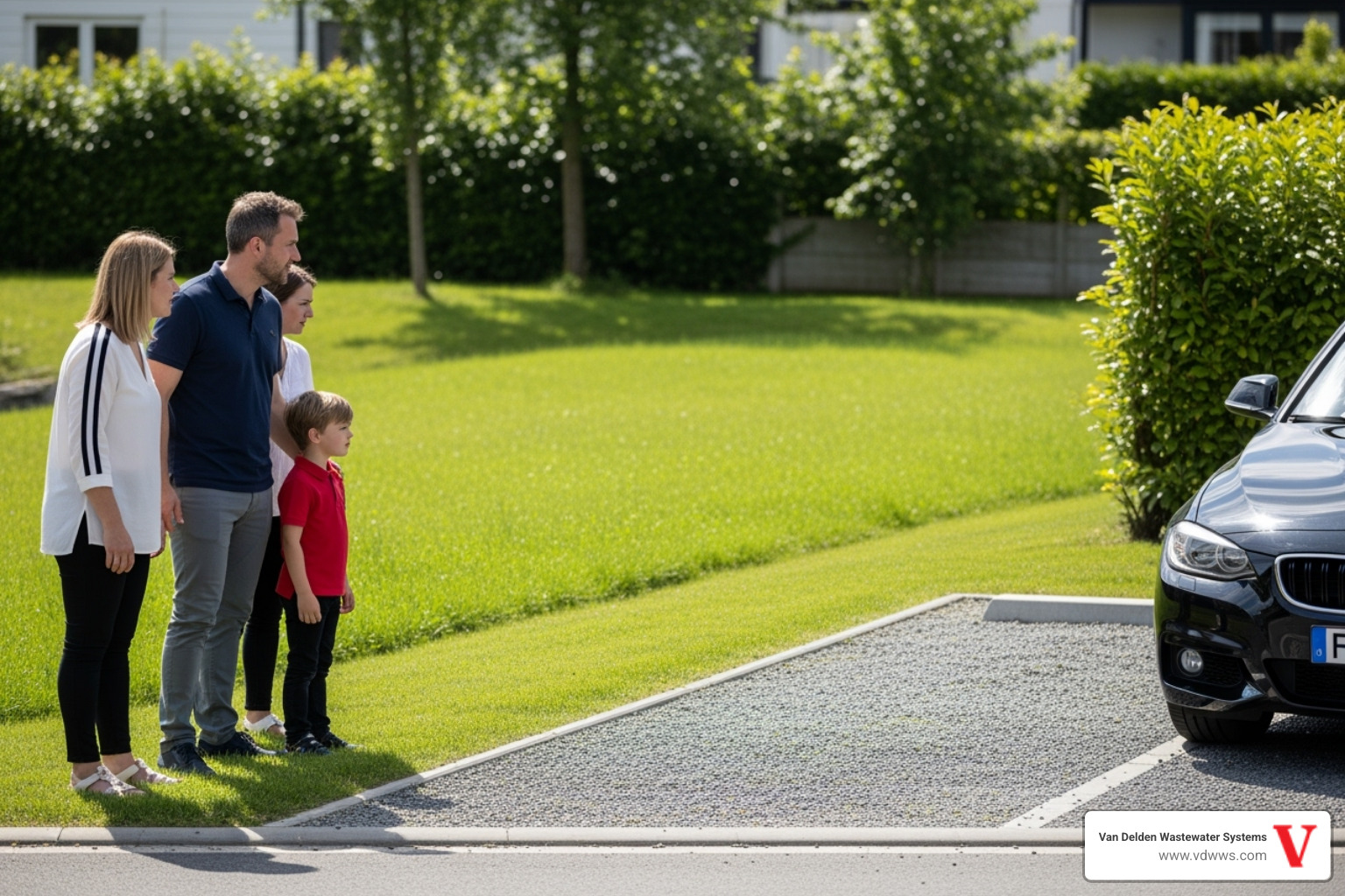 Family avoiding parking a car on their drainfield area to prevent compaction with red, white, and black color scheme - drainfield inspection timberwood park tx