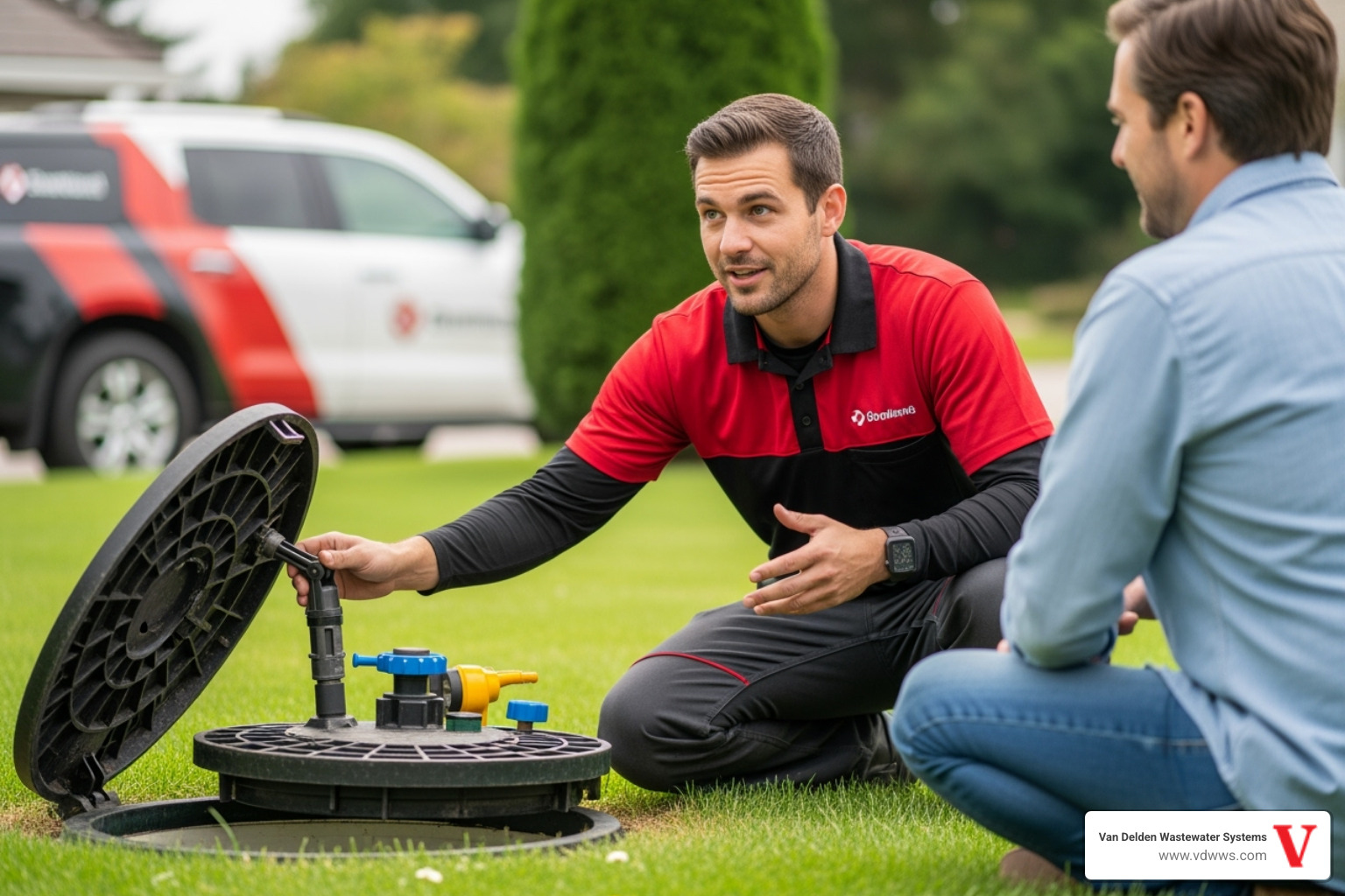 Septic tank lid being opened for a routine inspection, with a technician explaining findings to a homeowner, in brand colors - septic pipe repair timberwood park tx