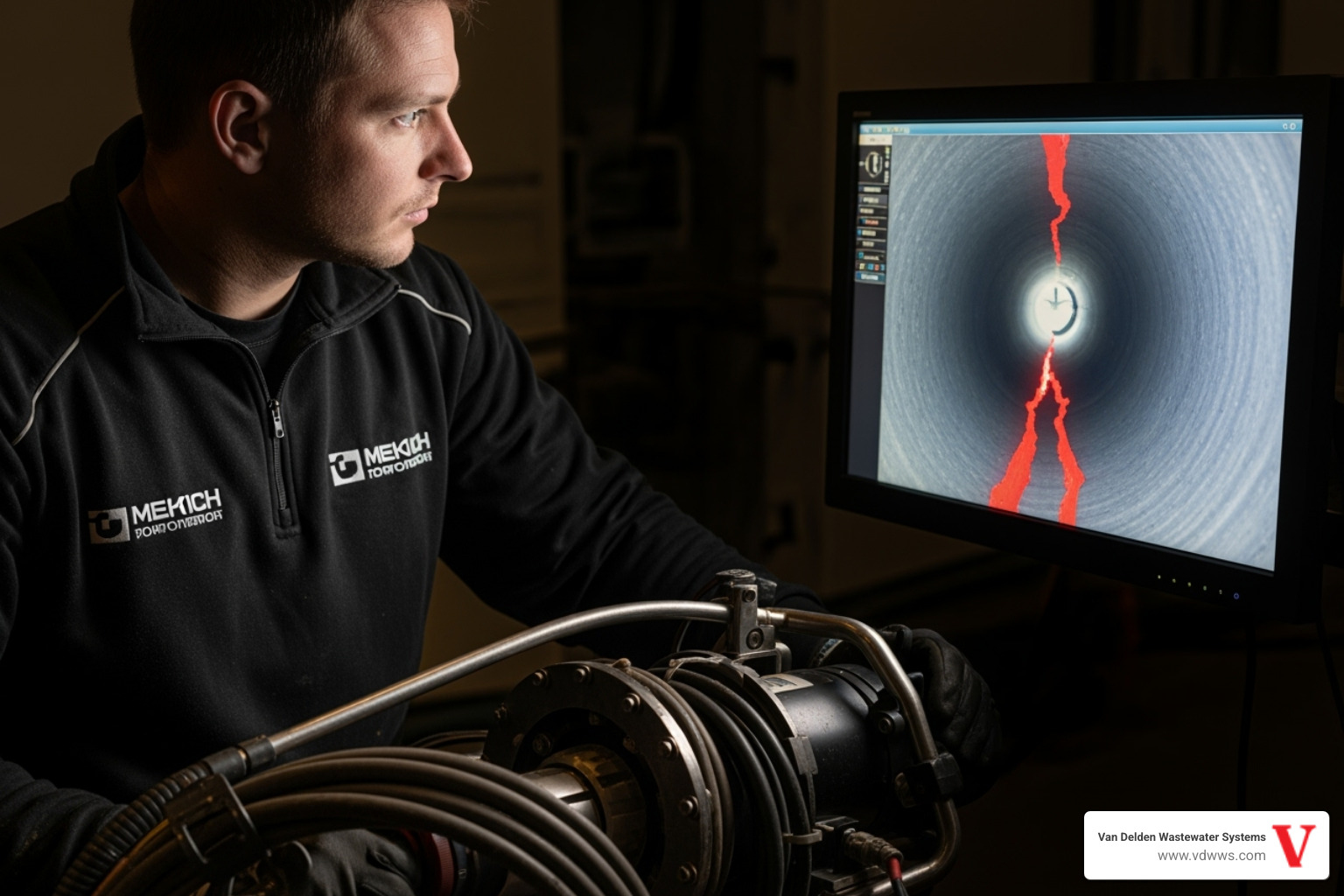 Technician using a sewer camera for inspection, with the screen showing the inside of a pipe, highlighting potential issues in red - septic pipe repair timberwood park tx