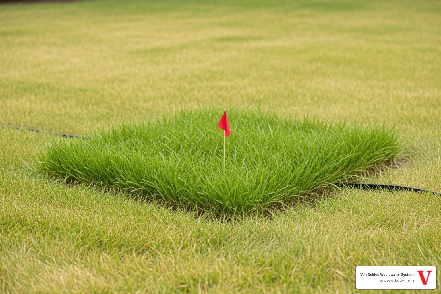 Soggy, unusually green patch of grass in a yard, indicating a drainfield issue, with subtle red and black accents - septic pipe repair timberwood park tx